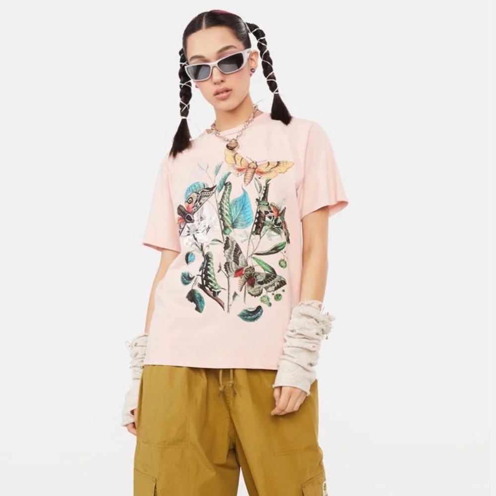 Obey Dollskill Pink Moth Insect Caterpillar Graphic Print T Shirt Womens Size M